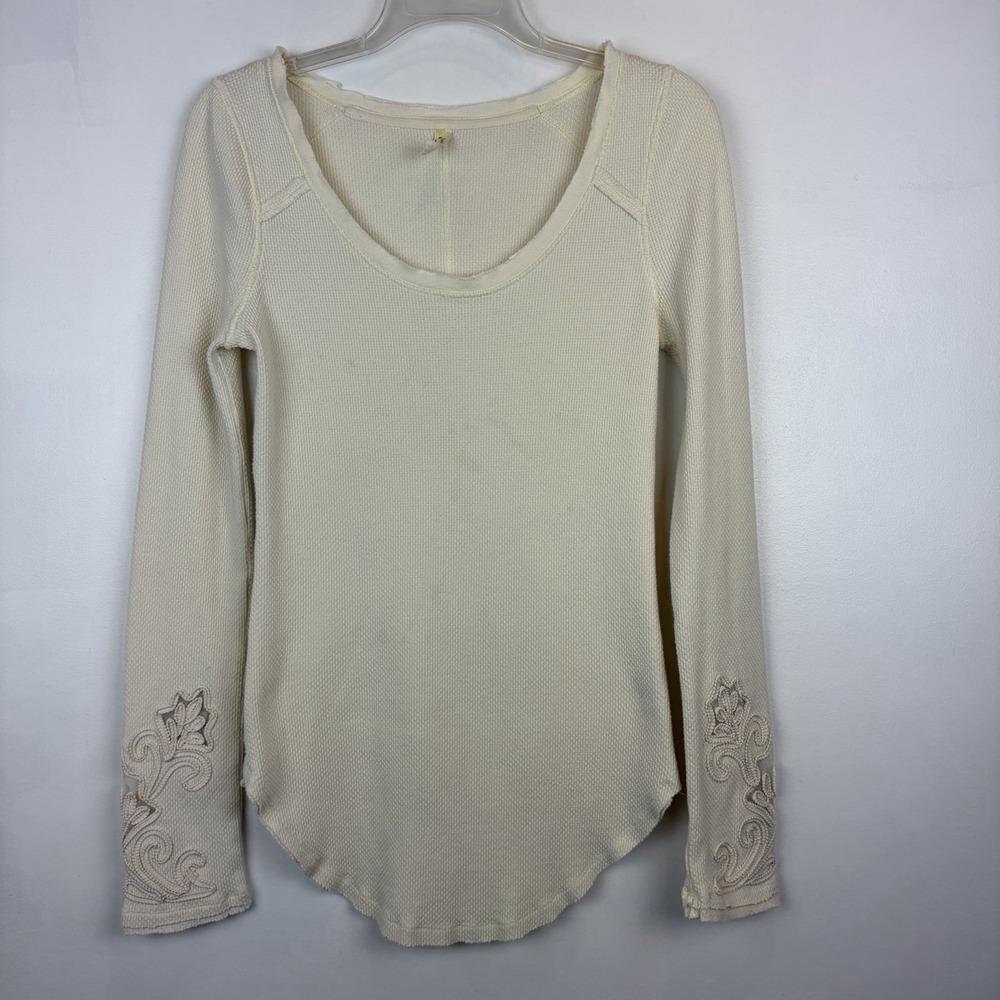 Free People Shirt Embellished Cream Cuff Masquerade Thermal Boho Shirt Top Large